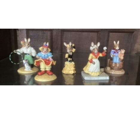Royal Doulton Bunnykins figures group-all in good order-Vintage Childhood figurines group of 5 to include Hoop and dog at Pla