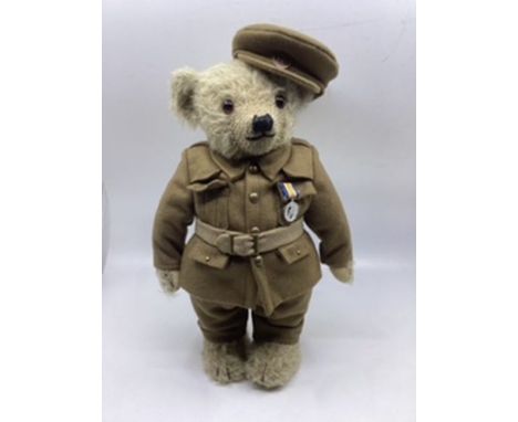 Merrythought Vintage WW1 style dressed teddy bear with cap 13” toy- excellent unused beautiful bear.(1)