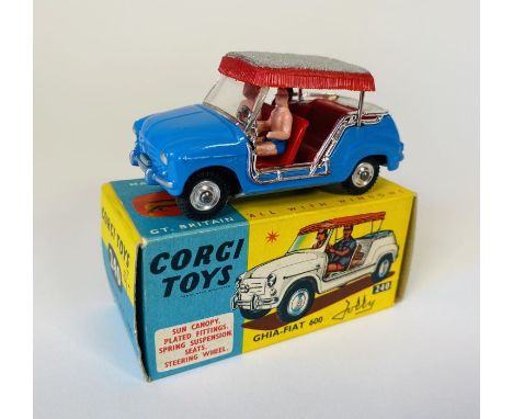 A Corgi Toys No. 240 Ghia-Fiat 600 Jolly (mid blue with silver and red canopy, spun hubs with driver figure and passenger) Wi