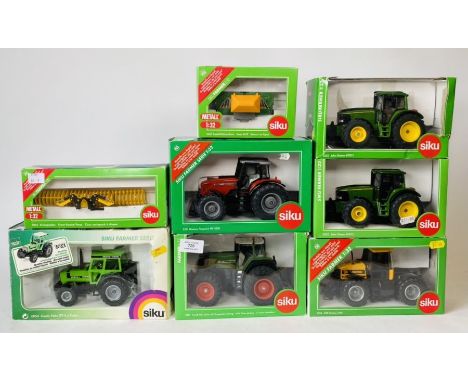 A collection of Siku 1:32 Scale Tractors and implements - to include JCB, Massey Ferguson, Fendt, John Deere - (8)&nbsp;