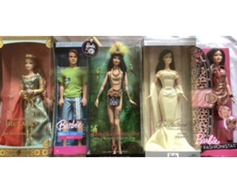 Mattel Barbie boxed dolls to include legends of Ireland Beach Glam Ken , Amazonia Barbie Birthstone June and a fashionista Ba