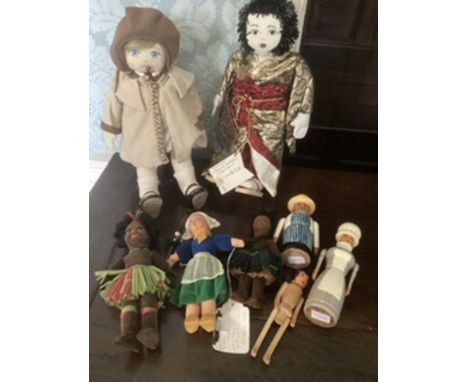 Queenie Wild Rag dolls and Norah welling vintage felt and velvet dolls selection and some wooden dolls ( quantity)