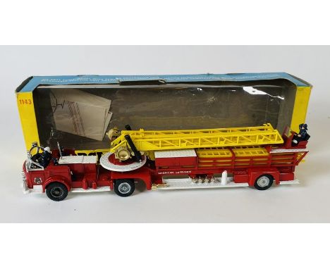 Corgi Major Toys 1143 American LaFrance Aerial Rescue Truck Fire Engine, circa 1970, red/white/yellow, plastic spoked wheel h