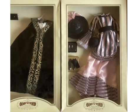 Franklin Mint&nbsp; Scarlet Heirloom vintage portrait dolls outfits; Long striped Peachtree gown and Green velvet robe set un