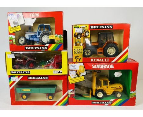 Britains 1:32 Scale - To include: Ford 5610, Renault, Sanderson forklift, 8 wheeled trailer, friction drive playset. (5)