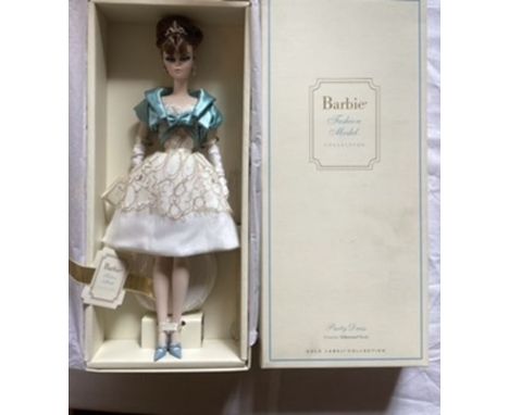 Mattel Barbie doll Silkstone 2011 Fashion Model collection "Party Dress" boxed doll. Ivory lace over lay with blue bow doll m