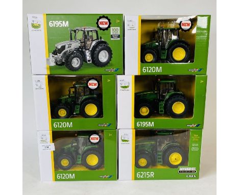 ERTL 1:32 Scale Prestige John Deere 6215R, Britains 6195M, 6195M Silver 100 Years Edition, 3x 6120M Tractors - All Boxed (6)&