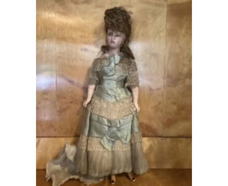 Fine Victorian wax over composition Lady Fashion doll 1880, in all original gown. lingerie clothing with painted strap boots 
