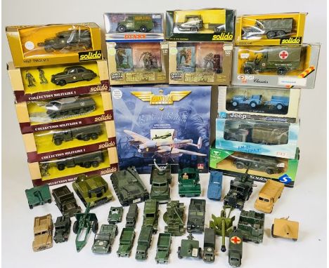 A collection of Die Cast Military vehicles, various manufacturers including Solido, Corgi Aviation, Dinky. includes a selecti