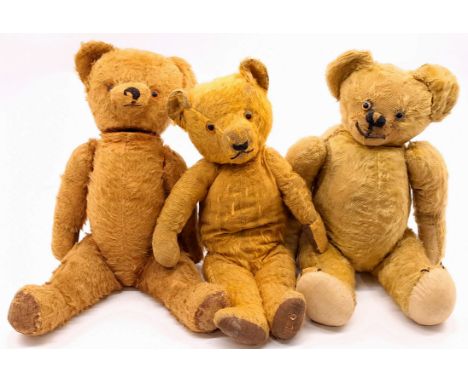 Vintage teddy bear trio including: (1) Chad Valley Bear, mohair (balding throughout), glass eyes, cotton pads (replacement to