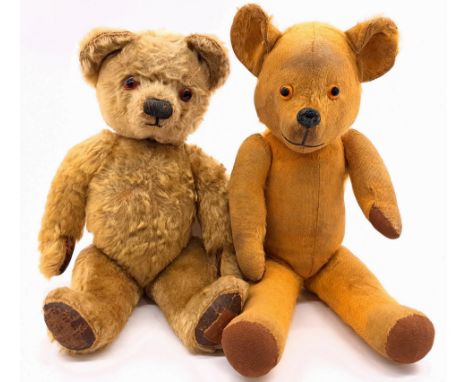 Vintage British teddy bear pair 1950's including: (1) Chad Valley Bear, mohair, fully jointed, glass eyes, 15"/38cm; (2) Pedi