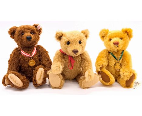Steiff teddy bear trio including: (1) Schnuffy bear, 1987-89, white tag 0227/33, mohair, made exclusively for USA, 13"/33cm; 