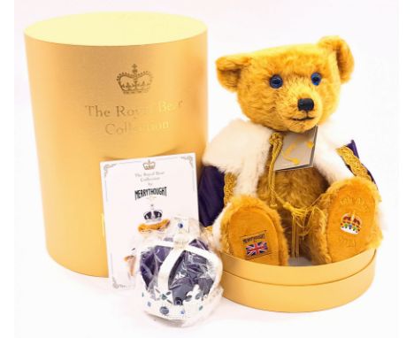 Merrythought King Charles III Coronation teddy bear, LE 2023, mohair, with swing labels, certificate, Mint within Near Mint b