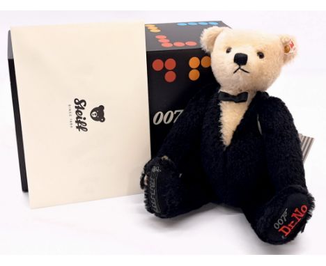 Steiff James Bond teddy bear, white tag 007613, LE 3000, mohair, internal music box plays Bond theme, swing label, certificat