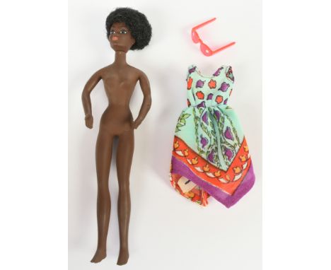 Mattel Rockflowers Rosemary vintage doll, wearing original paisley dress, with sunglasses, Good Plus to Excellent.