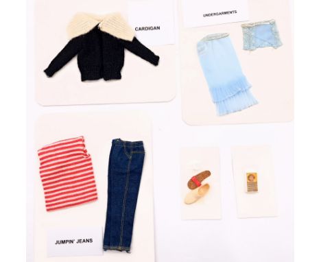 Mattel Barbie vintage clothing oddments: (1) Undergarments #919 1959; (2) Cardigan PAK; (3) Jumpin Jeans #1398 1964; (4) Odd 