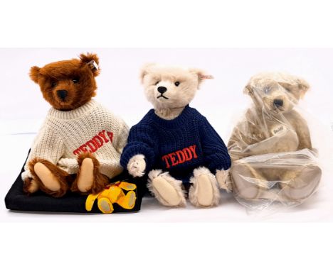 Steiff teddy bear trio: (1) Teddy G, white tag 670282, white mohair, swing label certificate, 13"/33cm; (2) Teddy B, white ta