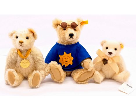 Steiff teddy bear trio including: (1) Danbury Mint Millennium 2000, yellow tag 654701, mohair, 12.5"/32cm; (2) Memories bear,