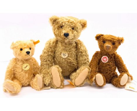 Steiff teddy bear trio including: (1) Classic Teddybar 1920 replica, yellow tag 000751, mohair, chest tag, swing label, 16.5"