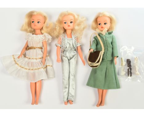 Pedigree Sindy trio of vintage dolls: (1) Blonde, wearing 1982 Springtime outfit, feet are nibbled; (2) 1982 Fashion Faces Si