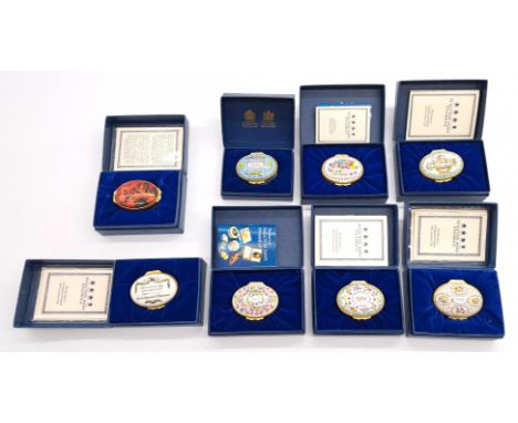 Halcyon Days Enamel Trinket Box Group Including: (1) 1990, (2) 1991, (3) 1992, (4) 1993, (5) 1994, (6) 1995, (7) Red Trinket 