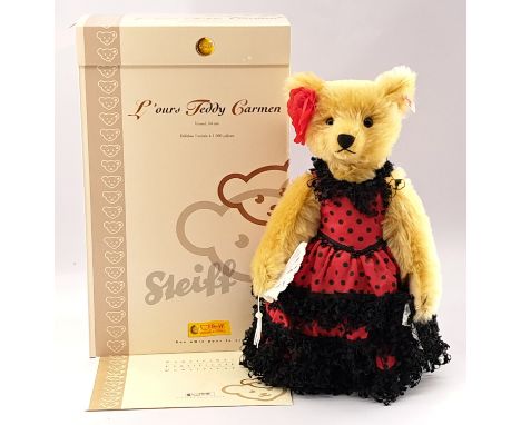 Steiff Carmen Teddy Bear, White Tag 662119 LE1500, Mohair, Wearing Red &amp; Black Polka Dot Dress &amp; Flower To Right Ear,