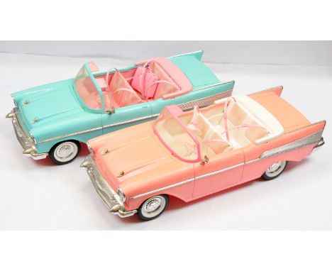 Mattel (Mexico) Barbie '57 Chevy Bel Air vintage Convertible cars pair, 1980s, #3561, one in each colour of blue and pink, wi