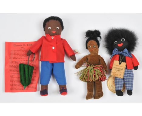 Three black vintage cloth dolls: (1) Robin Rive Countrylife Wee Golly, LE 620/800, with swing label certificate, 7.5"/19cm; (