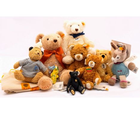 Steiff plush teddy bear group including: Seahorse keyring, yellow tag 112188; Enesco porcelain 1910 bear; plus others; Good P