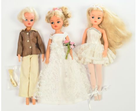 Pedigree Sindy vintage dolls x three: (1) Blonde, wearing Faerie Glen Ballerina; (2) Blonde, wearing Barbie Bride; (3) Blonde