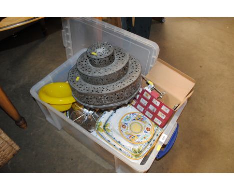 A box containing Continental pottery, a set of Salter scales, ceiling light shade etc.