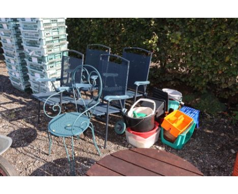 A set of four plastic and metal garden chairs, a metal garden chair and various step stools and buckets