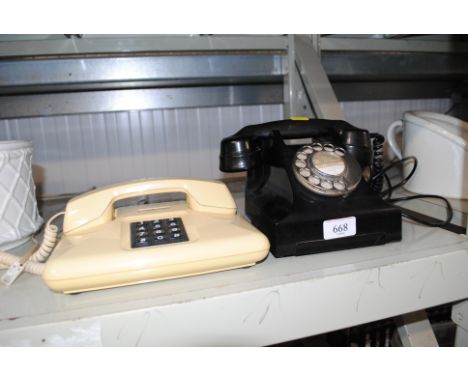 A rotary dial telephone and a push button telephone