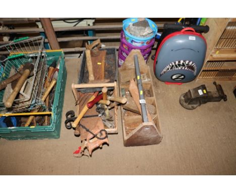 Two wooden trugs and contents of various hand tools and nails 