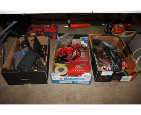 Three boxes of various tools including vices, jump leads, part socket sets