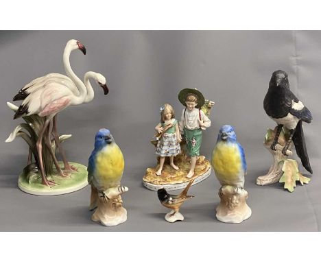 GOEBEL MAGPIE PERCHED ON A BRANCH, 26cms H, pair of German exotic bird ornaments, continental vase of two children, Austrian 