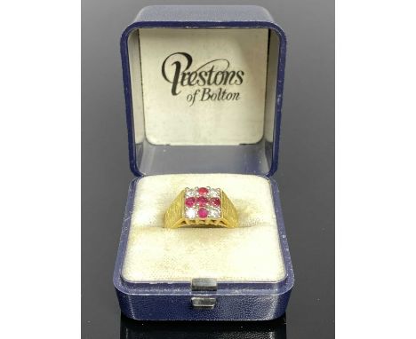 18CT GOLD DIAMOND &amp; RUBY ST. GEORGE'S CROSS DESIGN RING, date marked Birmingham 1975, the square coronet mount set with f