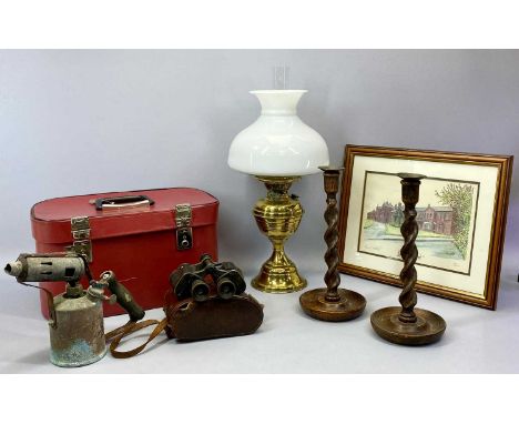 CIRCULAR BRASS OIL LAMP, twin burner with opaque glass shade, 52cms H, brass oil lamp, pair of oak barley twist candlesticks 