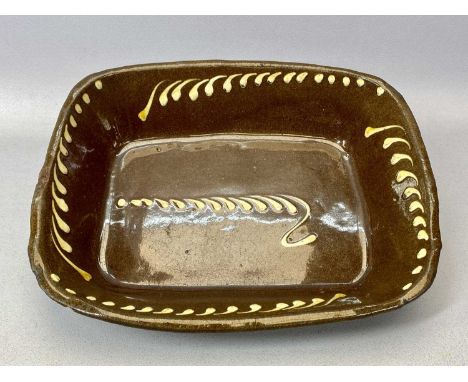 SLIPWARE RECTANGULAR DISH, PROBABLY BUCKLEY, 19th Century, brown glazed earthenware with trailed design in lighter slip, 7cms