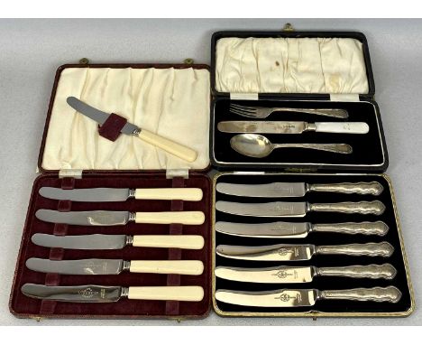 CASED CUTLERY GROUP, to include a hallmarked silver spoon and fork set with non-matching mother-of-pearl handle silver bladed