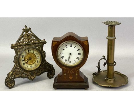 ART NOUVEAU-STYLE INLAID MAHOGANY MANTEL CLOCK, early 20th Century, white enamel dial with black Roman numerals, on gilded bu