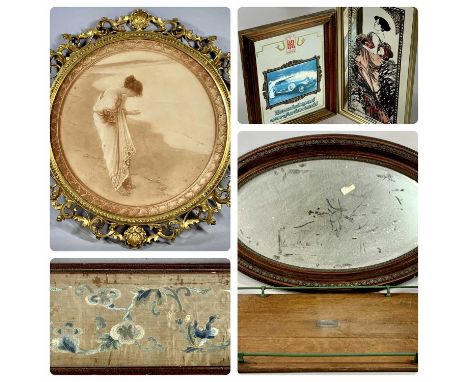 UNKNOWN circular colour print - of Classical female in an ornate giltwood frame, carved with scrolls, leaves and shells, 68cm