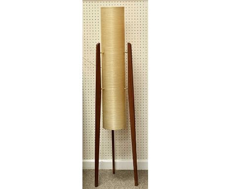 RETRO 'ROCKET' FREESTANDING LAMP with three teak legs, and spun fibreglass shade, 113cms H