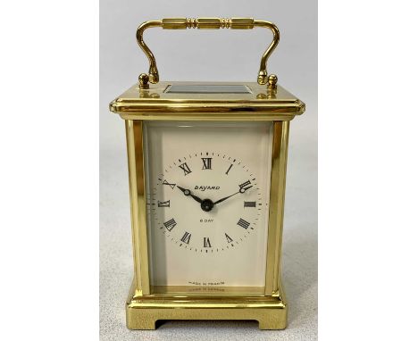 BAYARD FRENCH GILDED BRASS CASED CARRIAGE CLOCK, white enamel dial with black Roman numerals, signed and with 8-day movement,