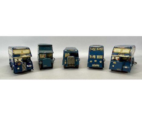 BRIMTOY TINPLATE CLOCKWORK DOUBLE DECKER BUSES x 2, finished in blue and advertising Regent Petrol, 16.5cms long, with 3 x ot