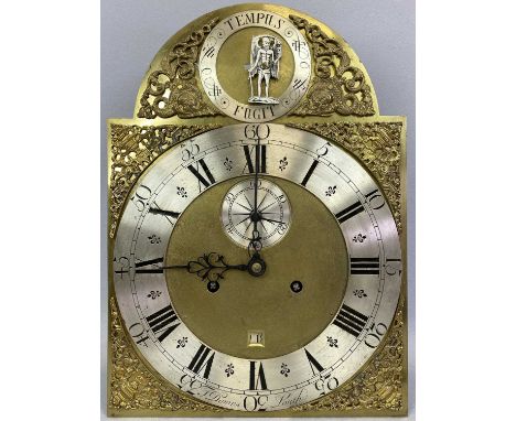 LONGCASE CLOCK, BRASS DIAL &amp; MOVEMENT, mid 18th Century, signed 'T Downs Louth', arched dial with ornate pierced spandrel