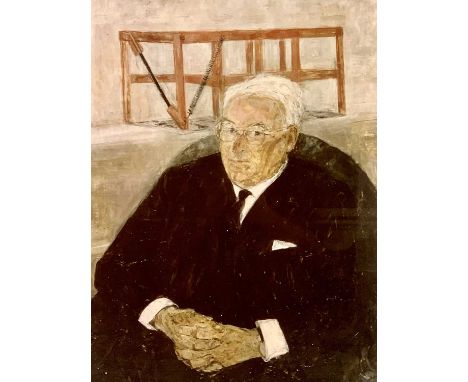 OLWYN BOWEY RA (b. 1936) oil on board - half length portrait of Sir Donald Gibson, signed and dated 1965 upper left, 55 x 41c