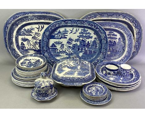 BLUE &amp; WHITE TRANSFERWARE WILLOW PATTERN &amp; LATER, various makers including Wedgwood, and four oval meat plates, lidde