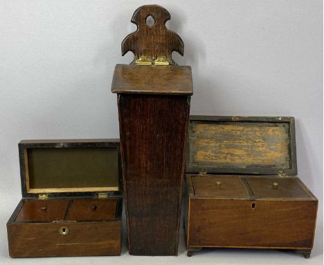 RUSTIC OAK CANDLE BOX, 19th Century, sloping lift up lid, body of square tapering form, 44cms H, 14cms W, 14cms D max., Victo