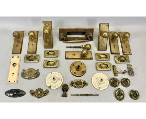 BRASS DOOR FURNITURE, including knobs with back plates, post box with knocker, furniture handles ETC